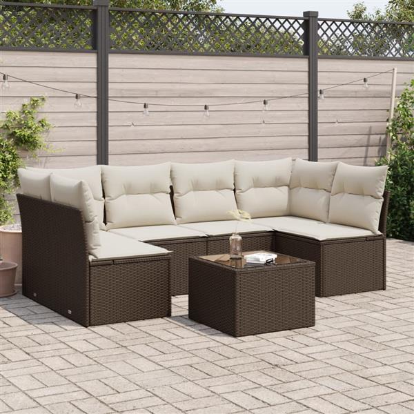 Grote foto vidaxl 7 delige loungeset met kussens poly rattan bruin tuin en terras tuinmeubelen