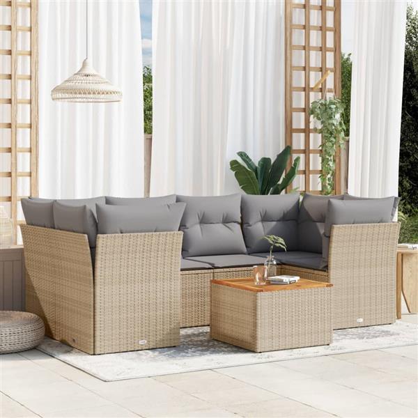 Grote foto vidaxl 7 delige loungeset met kussens poly rattan beige tuin en terras tuinmeubelen