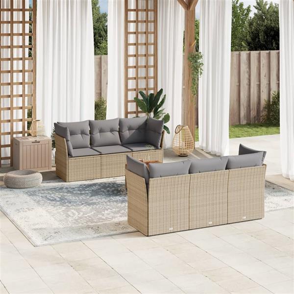 Grote foto vidaxl 7 delige loungeset met kussens poly rattan beige tuin en terras tuinmeubelen