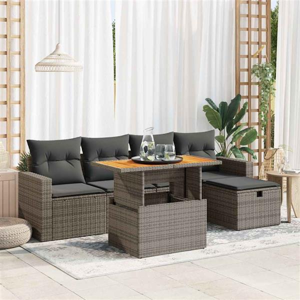Grote foto vidaxl 6 delige loungeset met kussens poly rattan acacia grijs tuin en terras tuinmeubelen