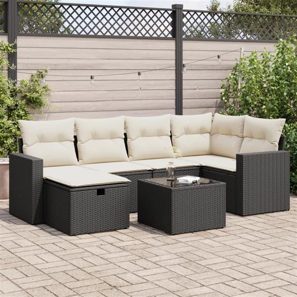 Grote foto vidaxl 7 delige loungeset met kussens poly rattan zwart tuin en terras tuinmeubelen