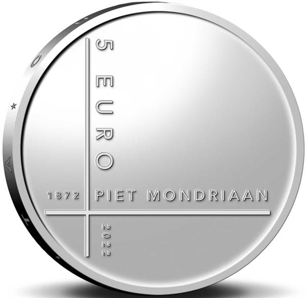 Grote foto nederland 5 euro 2022 mondriaan eerste dag uitgifte verzamelen munten overige