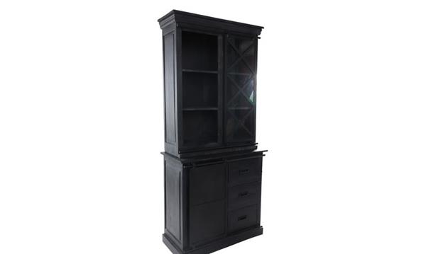 Grote foto vitrinekast melbourne 2 deur 3 lades 95x45x195 zwart mangohout metaal huis en inrichting eettafels