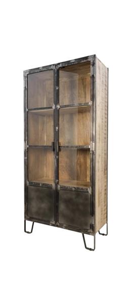 Grote foto vitrinekast dallas 90x40x190 cm mangohout donker grijs metaal huis en inrichting eettafels