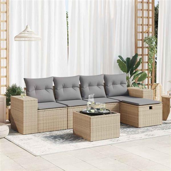 Grote foto vidaxl 6 delige loungeset met kussens poly rattan beige tuin en terras tuinmeubelen