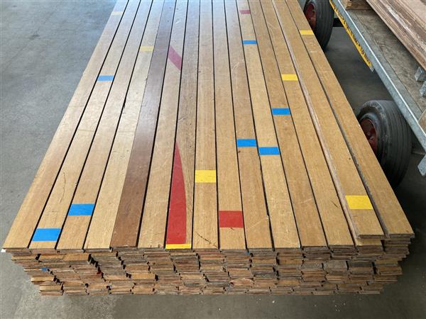 Grote foto oude donkere gymzaalvloer 20x68 mm vintage vloer keruing doe het zelf en verbouw hout en planken
