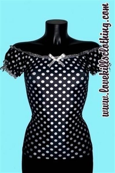Grote foto love kills black and white polkadot femme fatale top. kleding dames overige kledingstukken