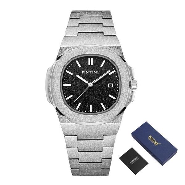 Grote foto frosted luxe horloge voor heren mode roestvrij stalen quartz horloge met opbergdoos kleding dames horloges