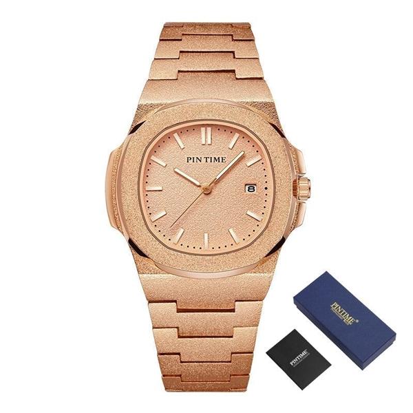 Grote foto frosted luxe horloge voor heren mode roestvrij stalen quartz horloge met opbergdoos kleding dames horloges