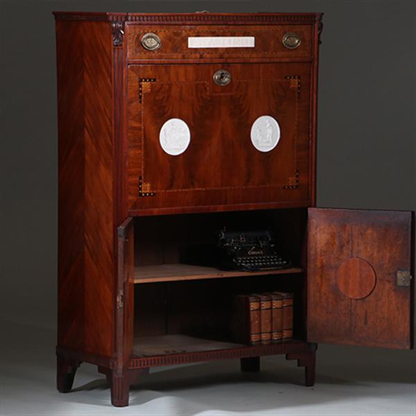 Grote foto secretaire abattant of klepbureau met 4 biscuit panelen prachtig ingelegd ca 1790 no.260650 antiek en kunst overige in antiek gebruiksvoorwerpen