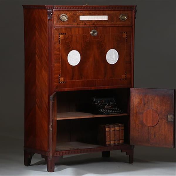 Grote foto secretaire abattant of klepbureau met 4 biscuit panelen prachtig ingelegd ca 1790 no.260650 antiek en kunst overige in antiek gebruiksvoorwerpen