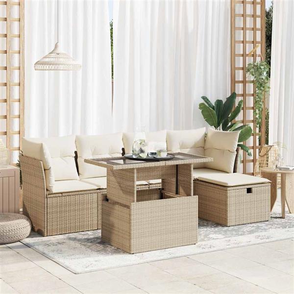 Grote foto vidaxl 6 delige loungeset met kussens poly rattan beige tuin en terras tuinmeubelen