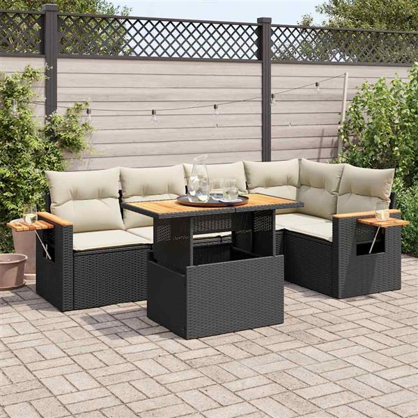 Grote foto vidaxl 6 delige loungeset met kussens poly rattan acacia zwart tuin en terras tuinmeubelen