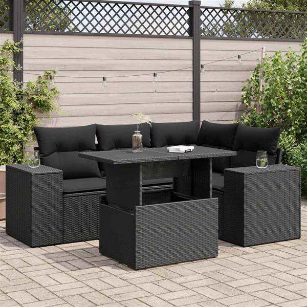 Grote foto vidaxl 5 delige loungeset met kussens poly rattan zwart tuin en terras tuinmeubelen
