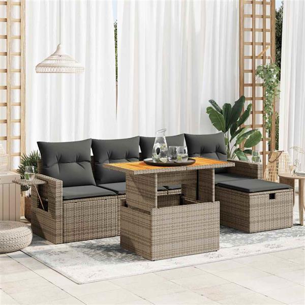 Grote foto vidaxl 6 delige loungeset met kussens poly rattan acacia grijs tuin en terras tuinmeubelen