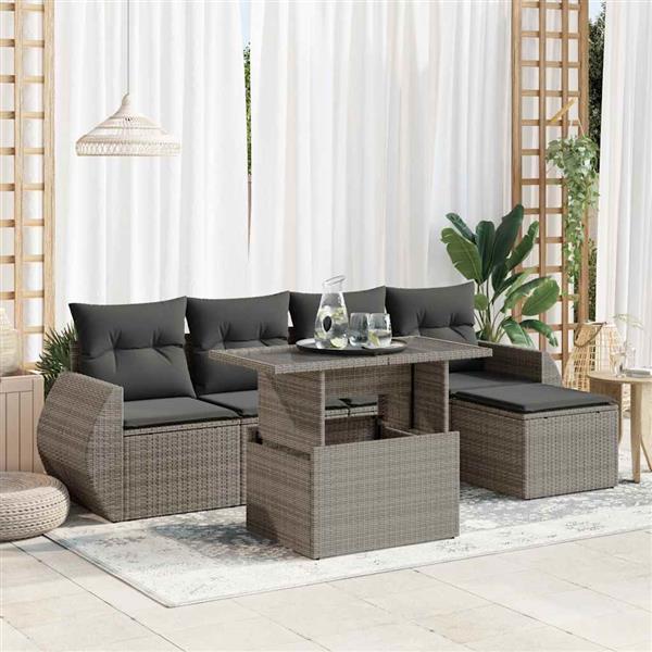 Grote foto vidaxl 6 delige loungeset met kussens poly rattan grijs tuin en terras tuinmeubelen