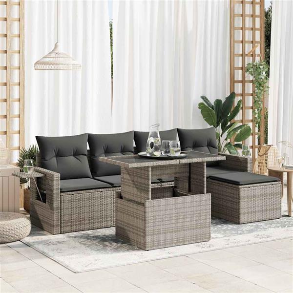 Grote foto vidaxl 6 delige loungeset met kussens poly rattan grijs tuin en terras tuinmeubelen