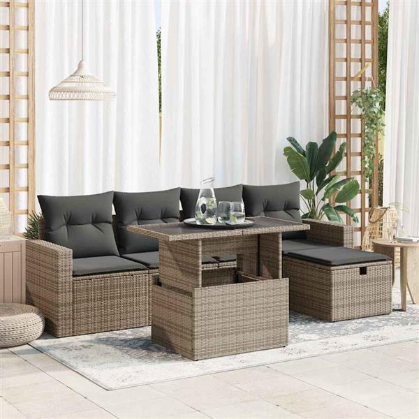 Grote foto vidaxl 6 delige loungeset met kussens poly rattan grijs tuin en terras tuinmeubelen