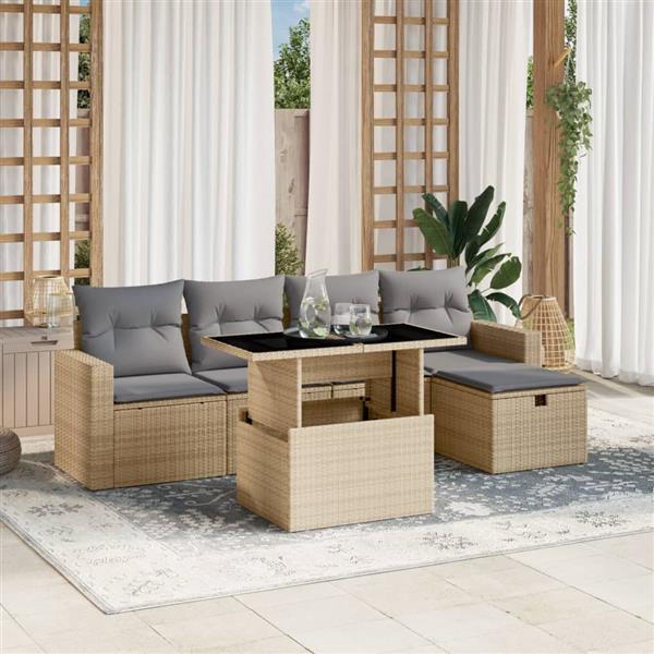 Grote foto vidaxl 6 delige loungeset met kussens poly rattan beige tuin en terras tuinmeubelen