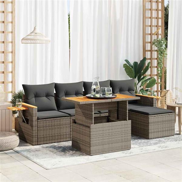 Grote foto vidaxl 6 delige loungeset met kussens poly rattan acacia grijs tuin en terras tuinmeubelen