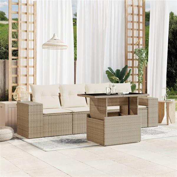 Grote foto vidaxl 5 delige loungeset met kussens poly rattan beige tuin en terras tuinmeubelen