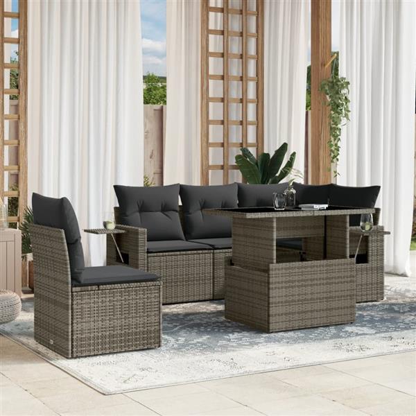 Grote foto vidaxl 6 delige loungeset met kussens poly rattan grijs tuin en terras tuinmeubelen