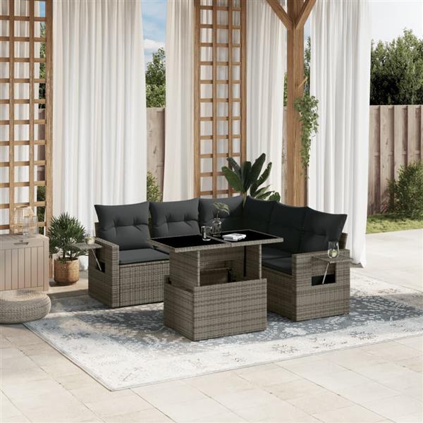 Grote foto vidaxl 6 delige loungeset met kussens poly rattan grijs tuin en terras tuinmeubelen