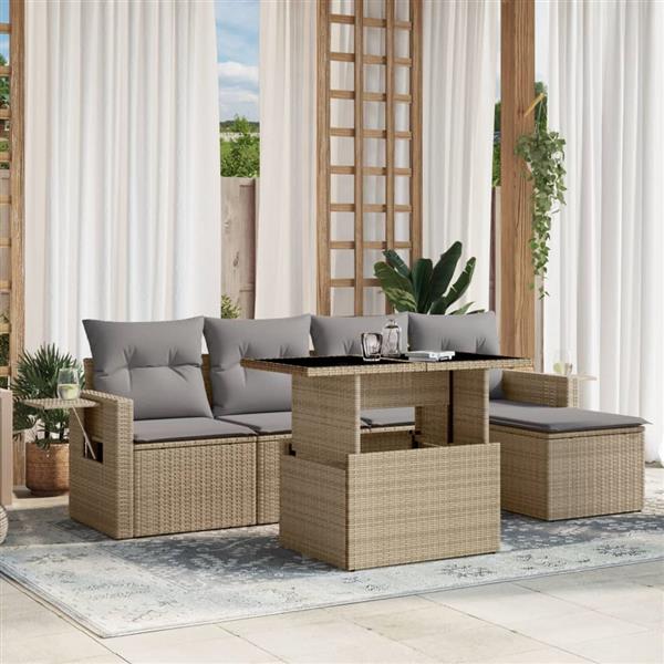 Grote foto vidaxl 6 delige loungeset met kussens poly rattan beige tuin en terras tuinmeubelen
