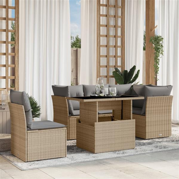 Grote foto vidaxl 6 delige loungeset met kussens poly rattan beige tuin en terras tuinmeubelen