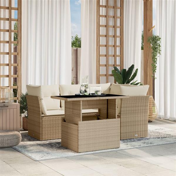 Grote foto vidaxl 5 delige loungeset met kussens poly rattan beige tuin en terras tuinmeubelen