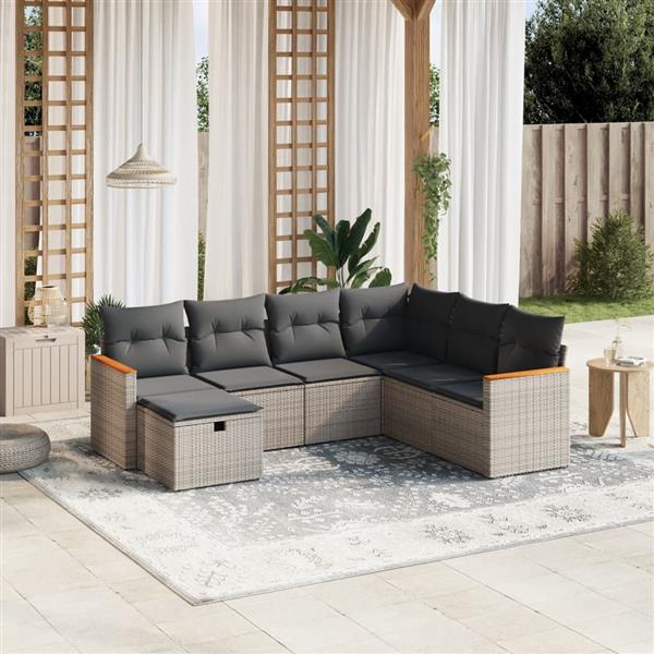 Grote foto vidaxl 7 delige loungeset met kussens poly rattan grijs tuin en terras tuinmeubelen