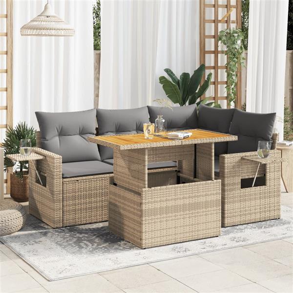Grote foto vidaxl 5 delige loungeset met kussens poly rattan beige tuin en terras tuinmeubelen