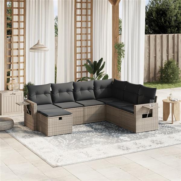 Grote foto vidaxl 7 delige loungeset met kussens poly rattan grijs tuin en terras tuinmeubelen
