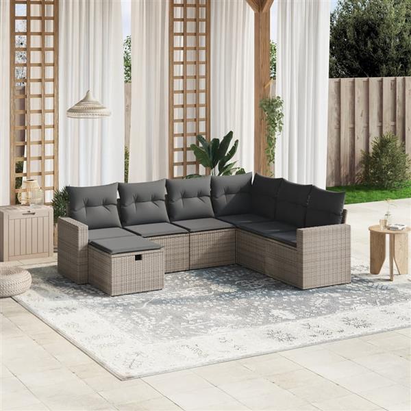Grote foto vidaxl 7 delige loungeset met kussens poly rattan grijs tuin en terras tuinmeubelen