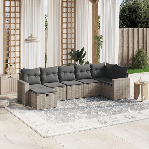 Grote foto vidaxl 7 delige loungeset met kussens poly rattan grijs tuin en terras tuinmeubelen