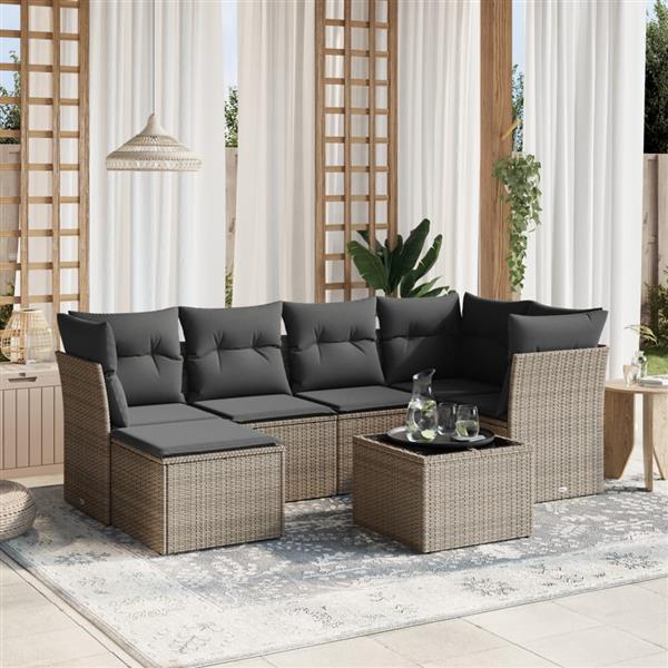 Grote foto vidaxl 7 delige loungeset met kussens poly rattan grijs tuin en terras tuinmeubelen