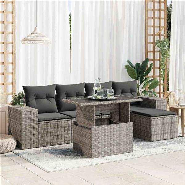 Grote foto vidaxl 6 delige loungeset met kussens poly rattan grijs tuin en terras tuinmeubelen