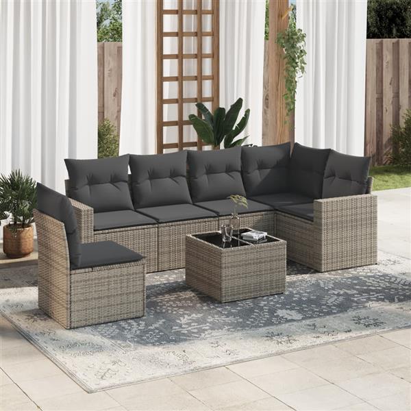 Grote foto vidaxl 7 delige loungeset met kussens poly rattan grijs tuin en terras tuinmeubelen