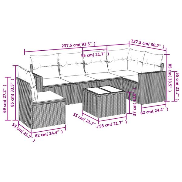 Grote foto vidaxl 7 delige loungeset met kussens poly rattan grijs tuin en terras tuinmeubelen