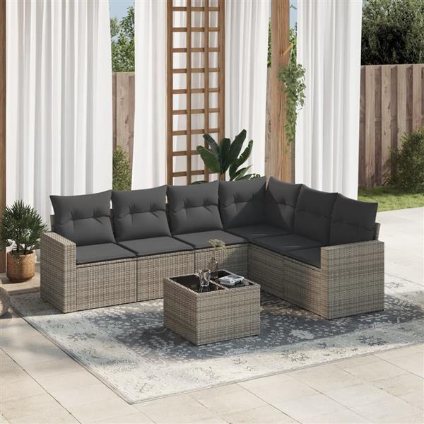 Grote foto vidaxl 7 delige loungeset met kussens poly rattan grijs tuin en terras tuinmeubelen