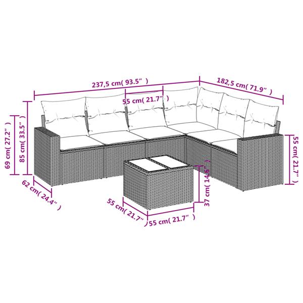 Grote foto vidaxl 7 delige loungeset met kussens poly rattan grijs tuin en terras tuinmeubelen