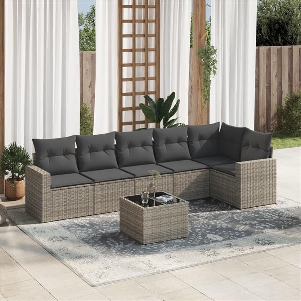 Grote foto vidaxl 7 delige loungeset met kussens poly rattan grijs tuin en terras tuinmeubelen