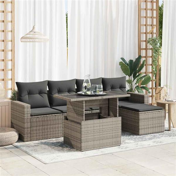 Grote foto vidaxl 6 delige loungeset met kussens poly rattan grijs tuin en terras tuinmeubelen
