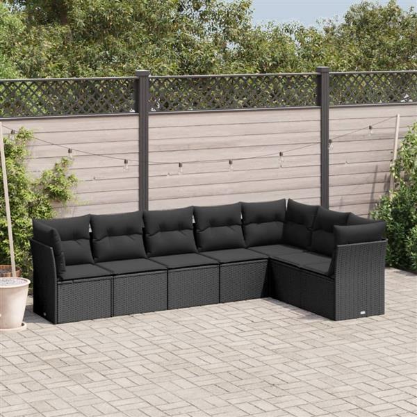 Grote foto vidaxl 7 delige loungeset met kussens poly rattan zwart tuin en terras tuinmeubelen