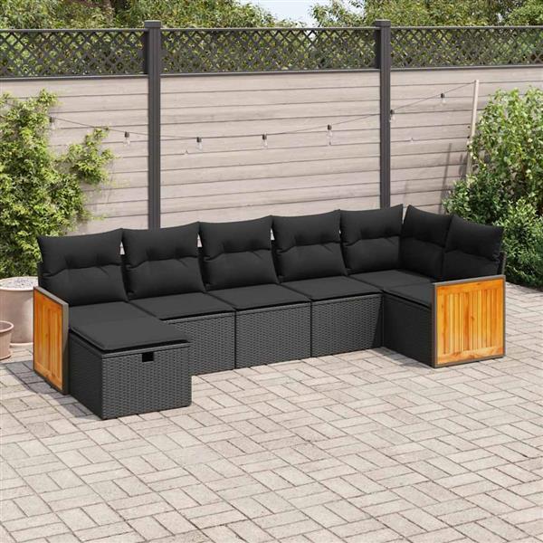 Grote foto vidaxl 7 delige loungeset met kussens poly rattan zwart tuin en terras tuinmeubelen