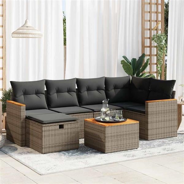 Grote foto vidaxl 7 delige loungeset met kussens poly rattan grijs tuin en terras tuinmeubelen