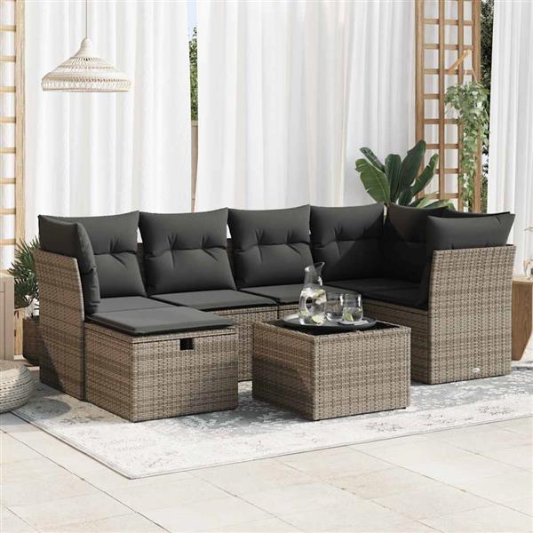 Grote foto vidaxl 7 delige loungeset met kussens poly rattan grijs tuin en terras tuinmeubelen
