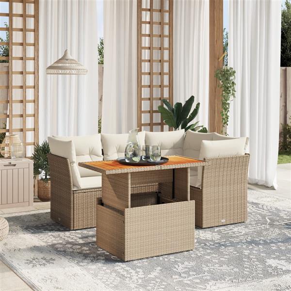 Grote foto vidaxl 5 delige loungeset met kussens poly rattan beige tuin en terras tuinmeubelen