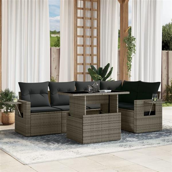 Grote foto vidaxl 6 delige loungeset met kussens poly rattan grijs tuin en terras tuinmeubelen