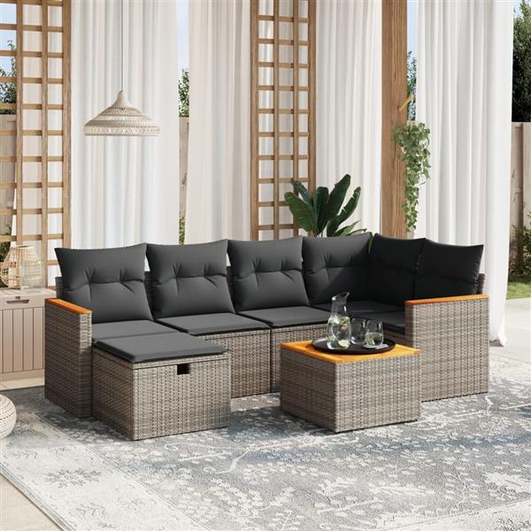 Grote foto vidaxl 7 delige loungeset met kussens poly rattan grijs tuin en terras tuinmeubelen